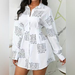 White Script Print Shirt Dress – 2X Long Sleeve Button-Down Mini